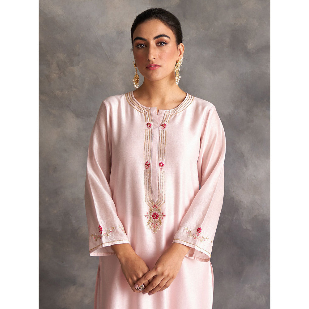 Anantaa by Roohi Trehan Pastel Pink Silk Chanderi A-Line Kurta With Hand Embroidery