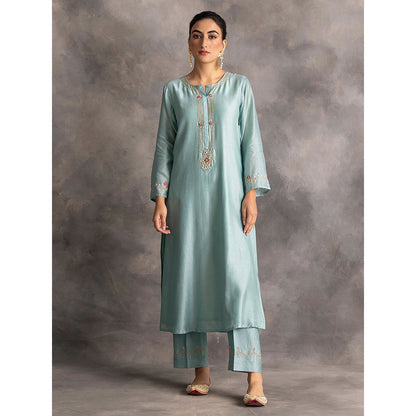 Anantaa by Roohi Trehan Blue Silk Chanderi A-Line Kurta With Hand Embroidery