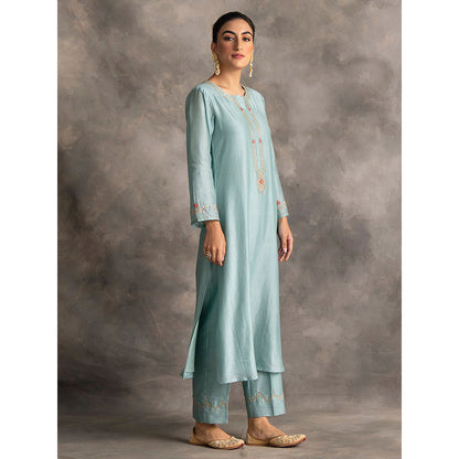 Anantaa by Roohi Trehan Blue Silk Chanderi A-Line Kurta With Hand Embroidery