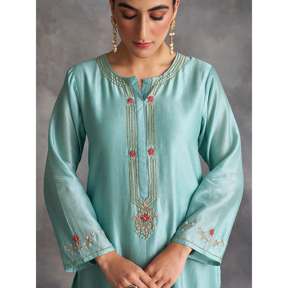 Anantaa by Roohi Trehan Blue Silk Chanderi A-Line Kurta With Hand Embroidery