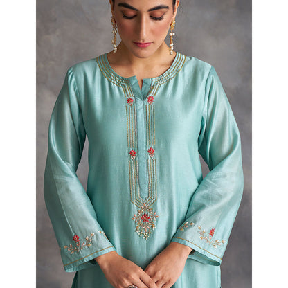 Anantaa by Roohi Trehan Blue Silk Chanderi A-Line Kurta With Hand Embroidery