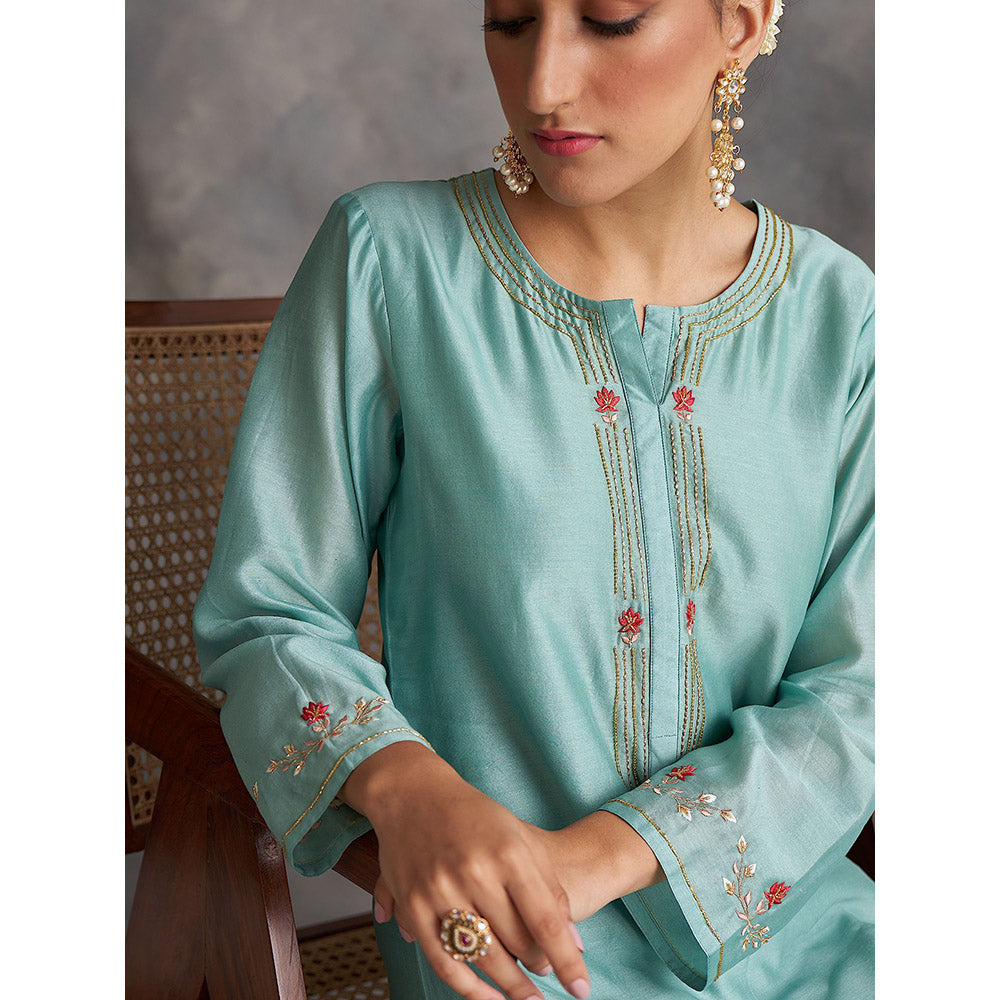 Anantaa by Roohi Trehan Blue Silk Chanderi A-Line Kurta With Hand Embroidery