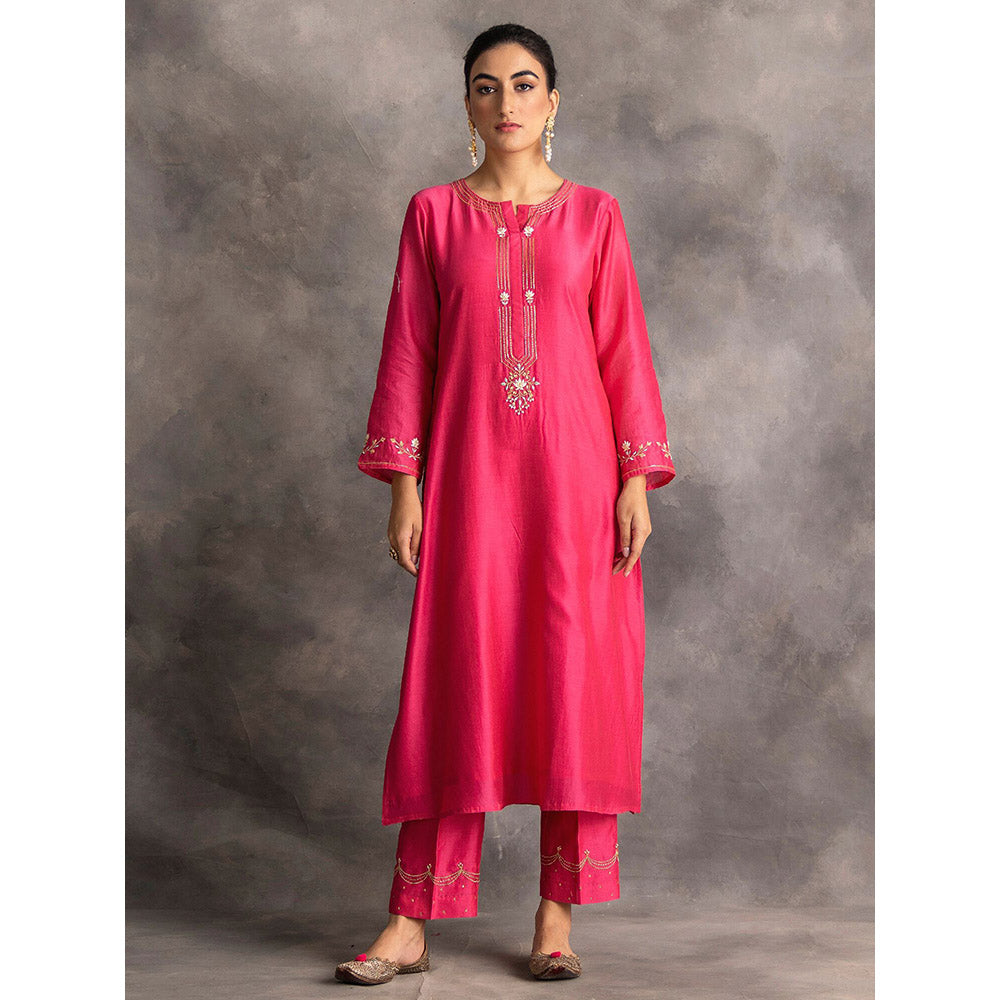 Anantaa by Roohi Trehan Pink Silk Chanderi A-Line Kurta With Hand Embroidery