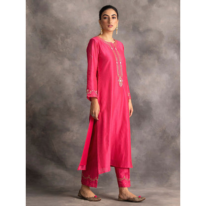 Anantaa by Roohi Trehan Pink Silk Chanderi A-Line Kurta With Hand Embroidery