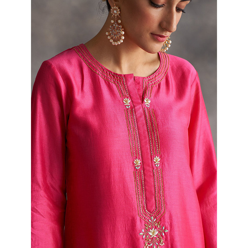 Anantaa by Roohi Trehan Pink Silk Chanderi A-Line Kurta With Hand Embroidery