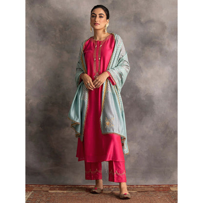 Anantaa by Roohi Trehan Pink Silk Chanderi A-Line Kurta With Hand Embroidery