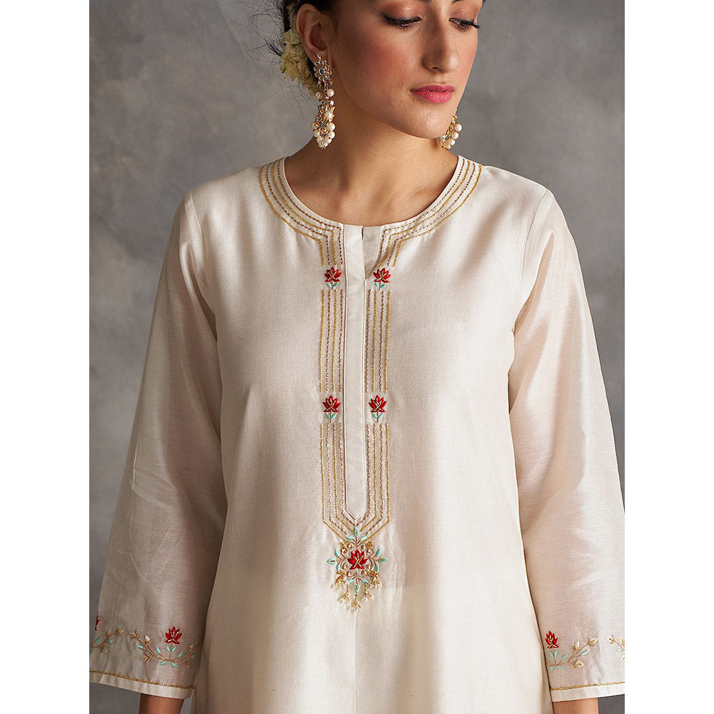 Anantaa by Roohi Trehan Off White Silk Chanderi A-Line Kurta With Hand Embroidery