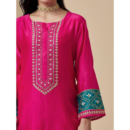 Anantaa by Roohi Trehan Pink Silk Chanderi A-Line Hand Embroidered Kurta