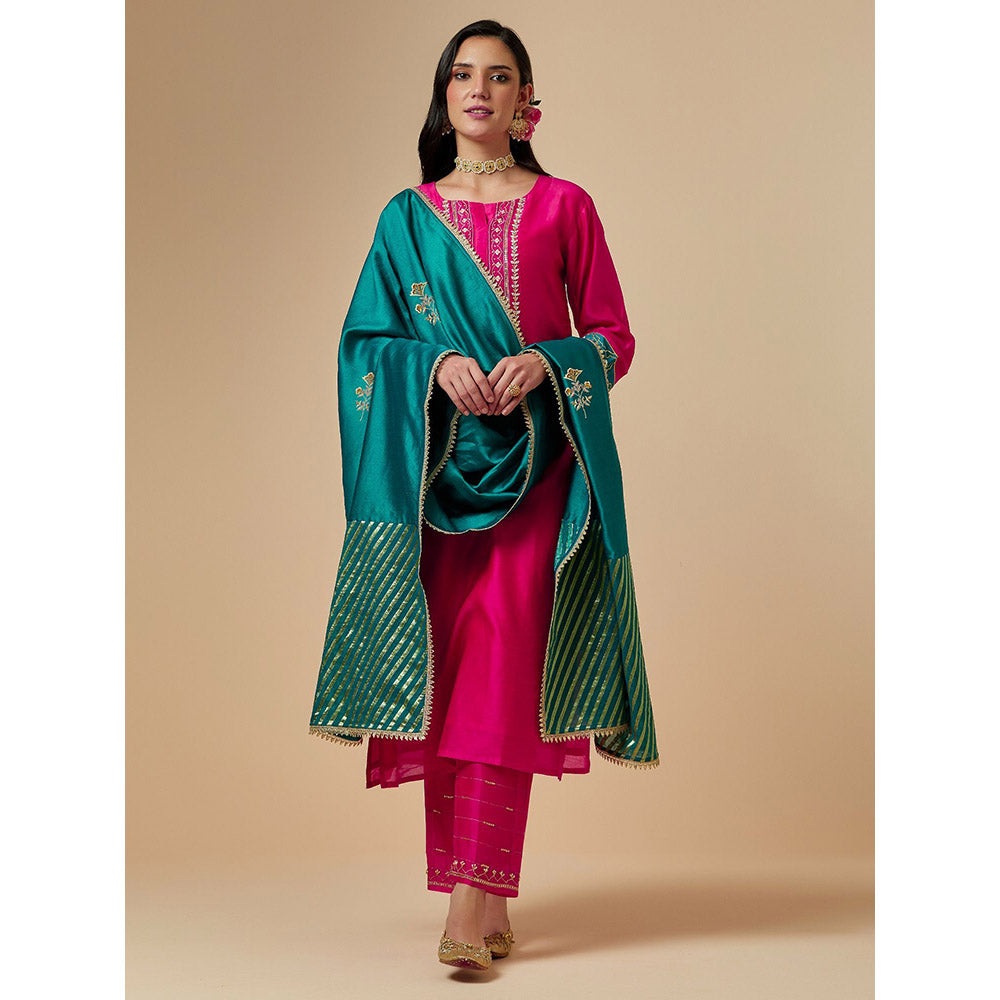 Anantaa by Roohi Trehan Pink Silk Chanderi A-Line Hand Embroidered Kurta