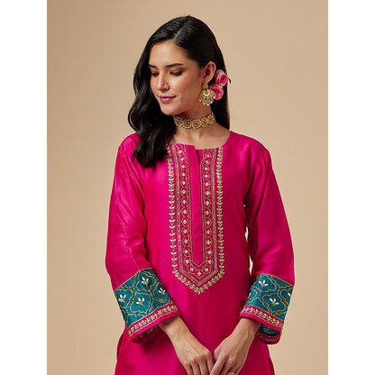 Anantaa by Roohi Trehan Pink Silk Chanderi A-Line Hand Embroidered Kurta