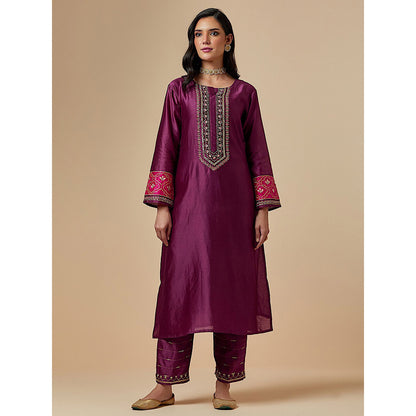 Anantaa by Roohi Trehan Wine Silk Chanderi A-Line Hand Embroidered Kurta