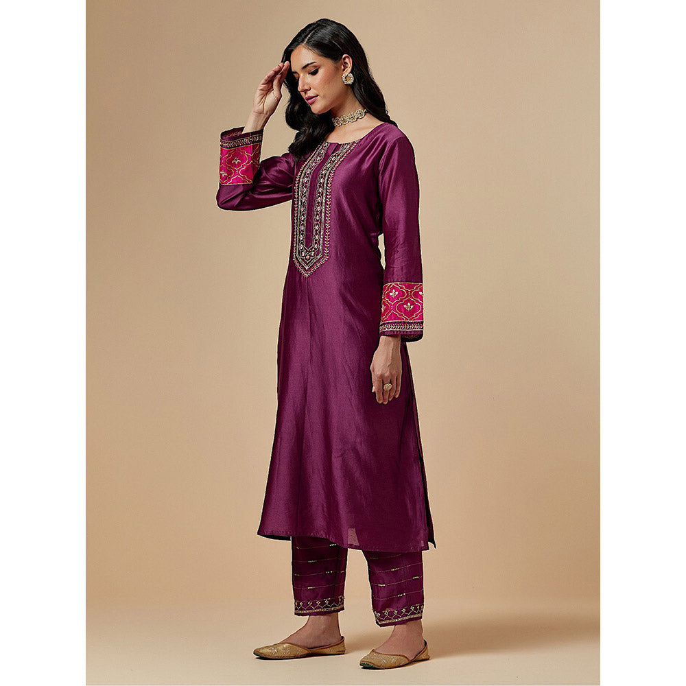 Anantaa by Roohi Trehan Wine Silk Chanderi A-Line Hand Embroidered Kurta