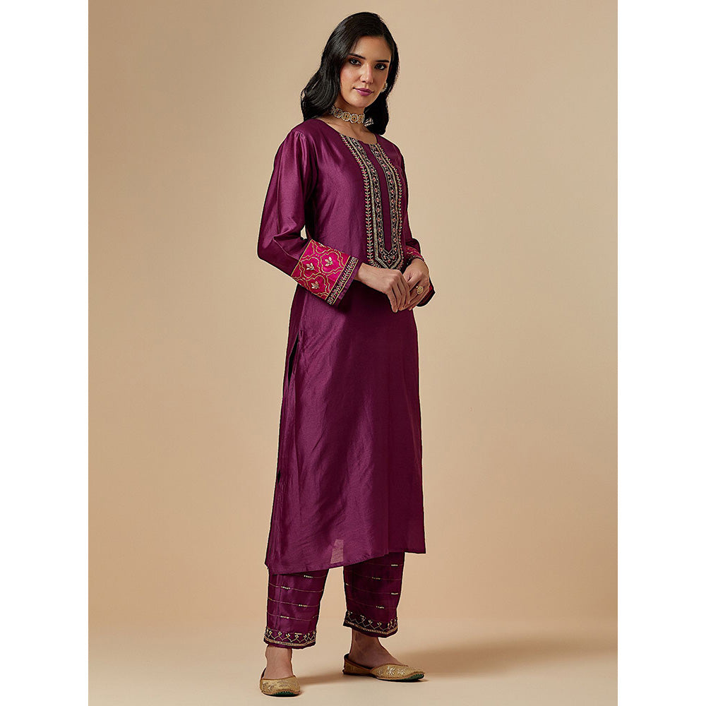 Anantaa by Roohi Trehan Wine Silk Chanderi A-Line Hand Embroidered Kurta