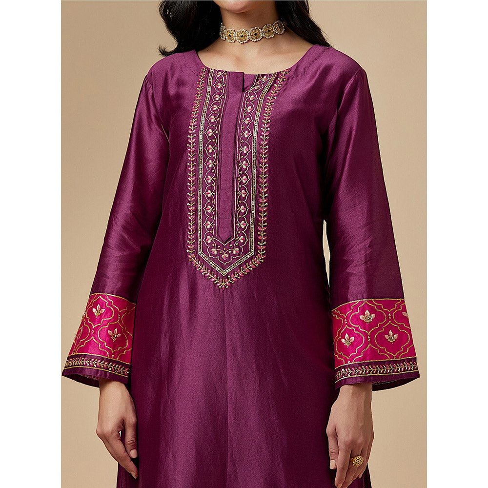 Anantaa by Roohi Trehan Wine Silk Chanderi A-Line Hand Embroidered Kurta