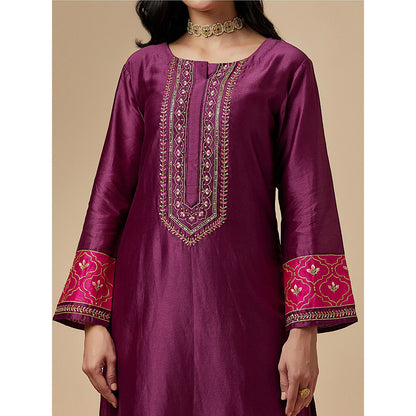 Anantaa by Roohi Trehan Wine Silk Chanderi A-Line Hand Embroidered Kurta