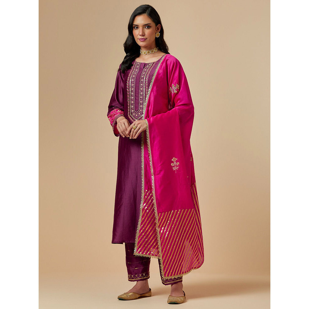 Anantaa by Roohi Trehan Wine Silk Chanderi A-Line Hand Embroidered Kurta