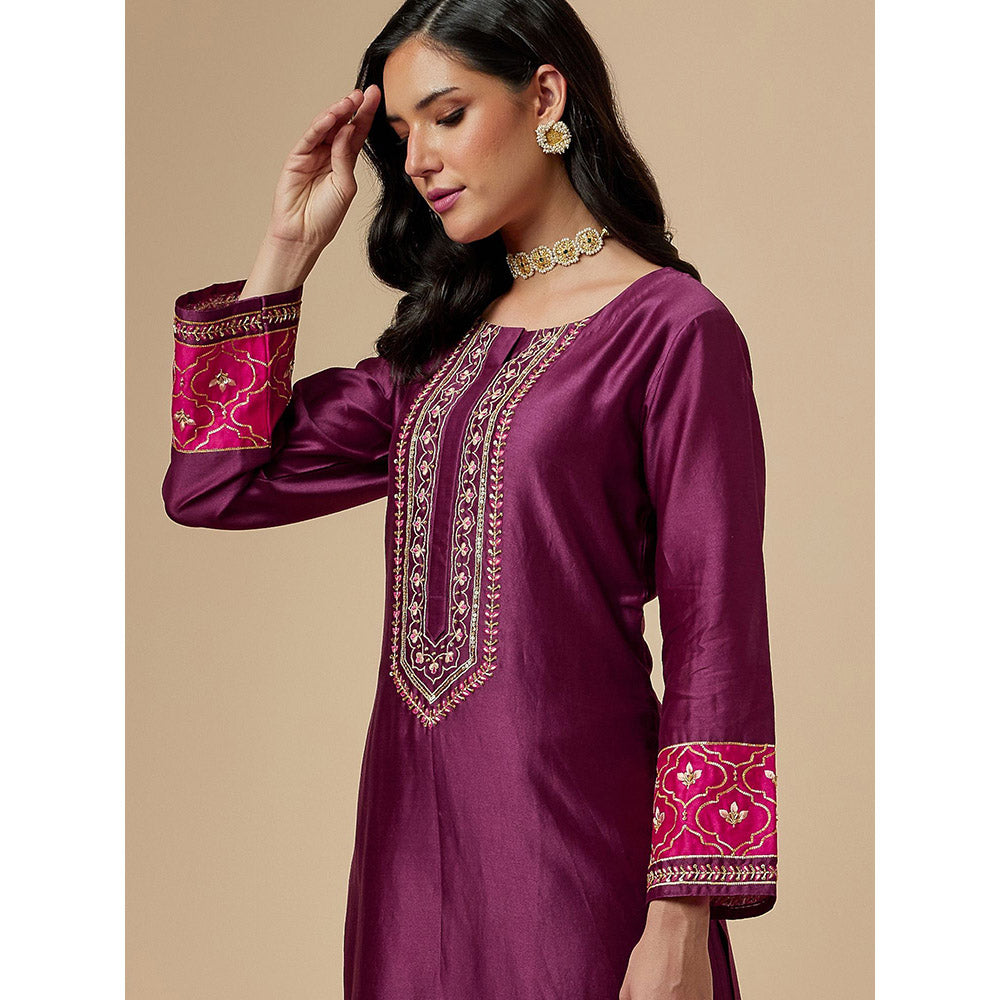 Anantaa by Roohi Trehan Wine Silk Chanderi A-Line Hand Embroidered Kurta