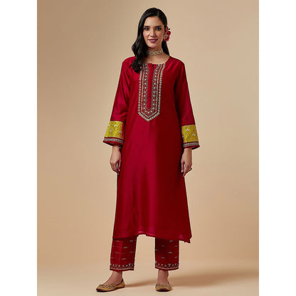 Anantaa by Roohi Trehan Red Silk Chanderi A-Line Hand Embroidered Kurta
