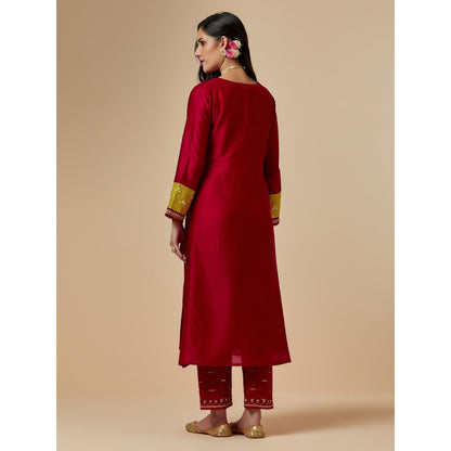 Anantaa by Roohi Trehan Red Silk Chanderi A-Line Hand Embroidered Kurta
