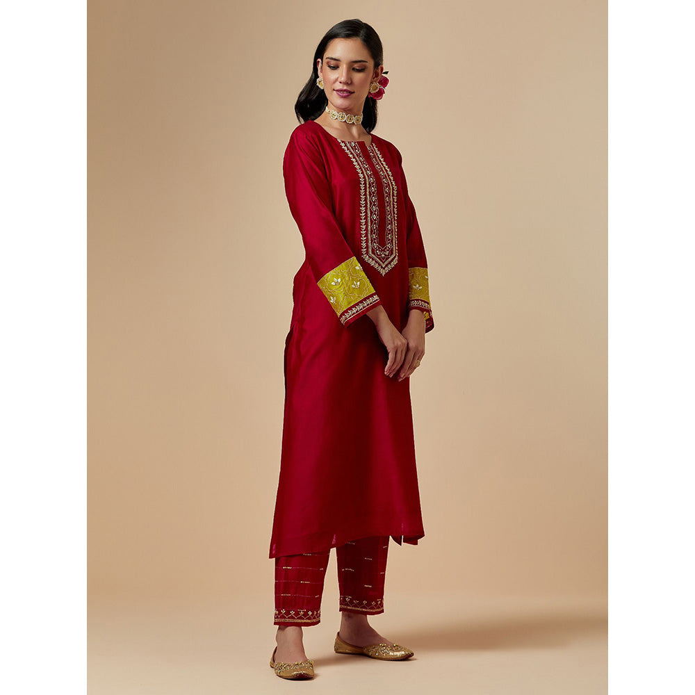 Anantaa by Roohi Trehan Red Silk Chanderi A-Line Hand Embroidered Kurta