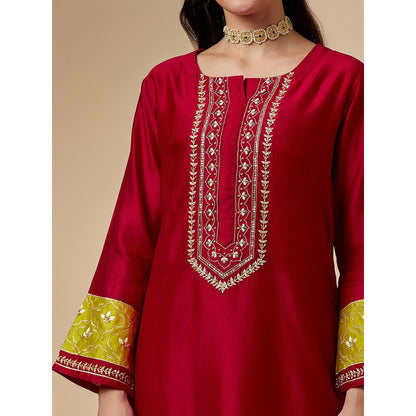 Anantaa by Roohi Trehan Red Silk Chanderi A-Line Hand Embroidered Kurta