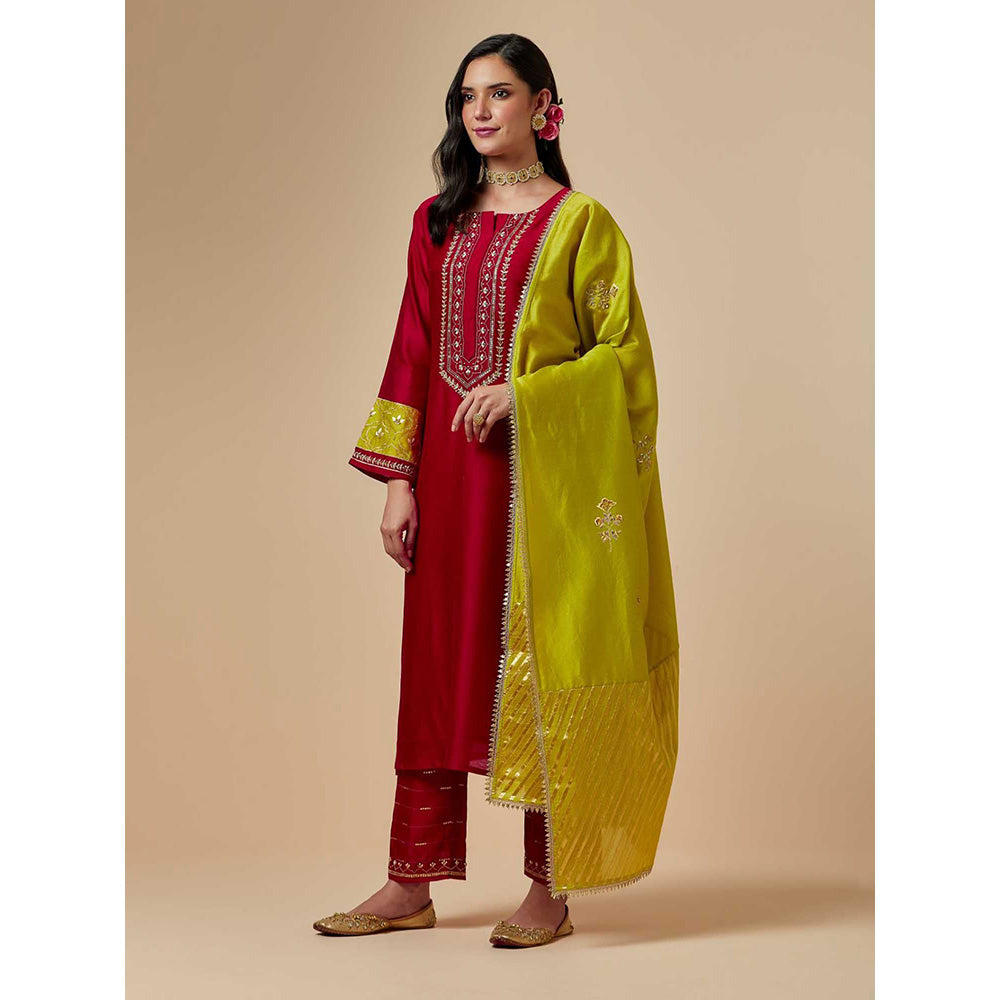 Anantaa by Roohi Trehan Red Silk Chanderi A-Line Hand Embroidered Kurta