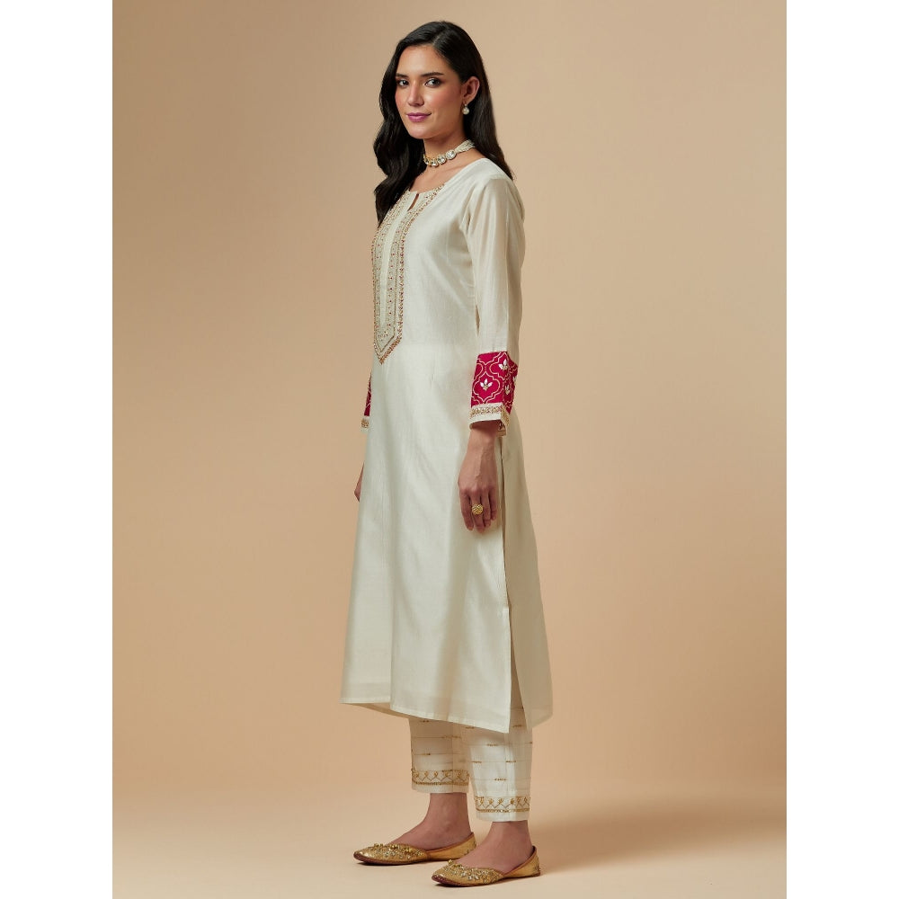 Anantaa by Roohi Trehan Off White Silk Chanderi A-Line Hand Embroidered Kurta