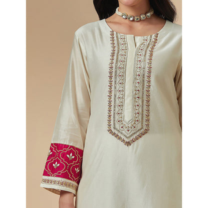 Anantaa by Roohi Trehan Off White Silk Chanderi A-Line Hand Embroidered Kurta