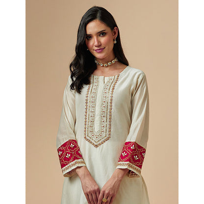 Anantaa by Roohi Trehan Off White Silk Chanderi A-Line Hand Embroidered Kurta