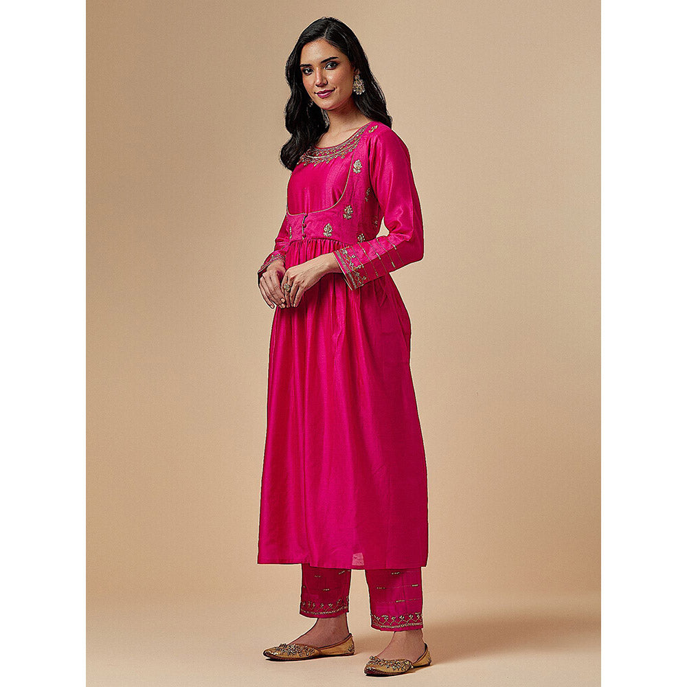 Anantaa by Roohi Trehan Pink Silk Chanderi Hand Embroidered Kurta With Gathers
