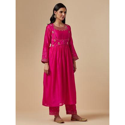 Anantaa by Roohi Trehan Pink Silk Chanderi Hand Embroidered Kurta With Gathers