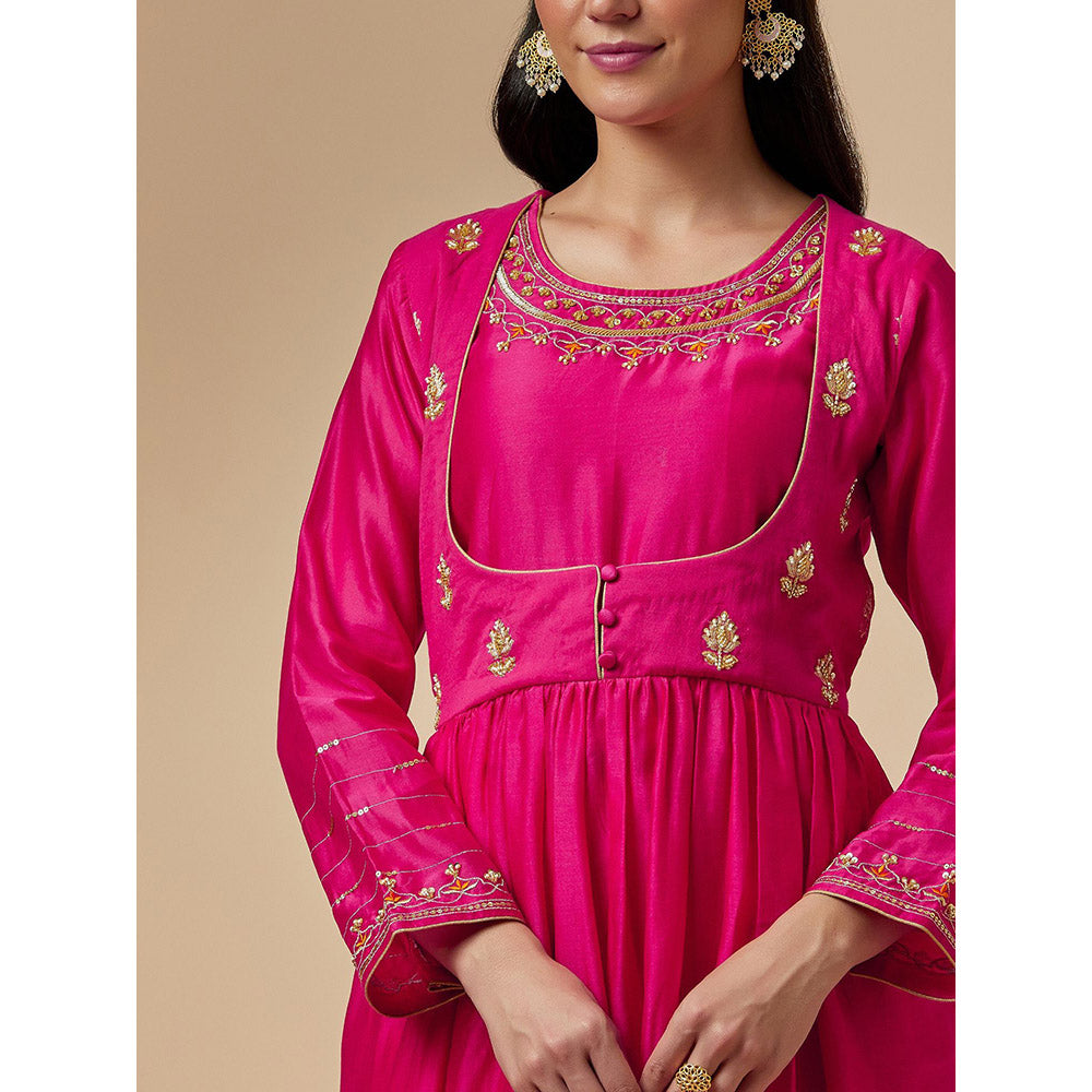 Anantaa by Roohi Trehan Pink Silk Chanderi Hand Embroidered Kurta With Gathers