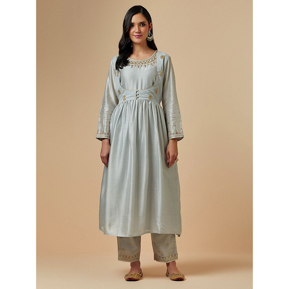 Anantaa by Roohi Trehan Grey Silk Chanderi Hand Embroidered Kurta With Gathers
