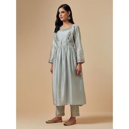 Anantaa by Roohi Trehan Grey Silk Chanderi Hand Embroidered Kurta With Gathers