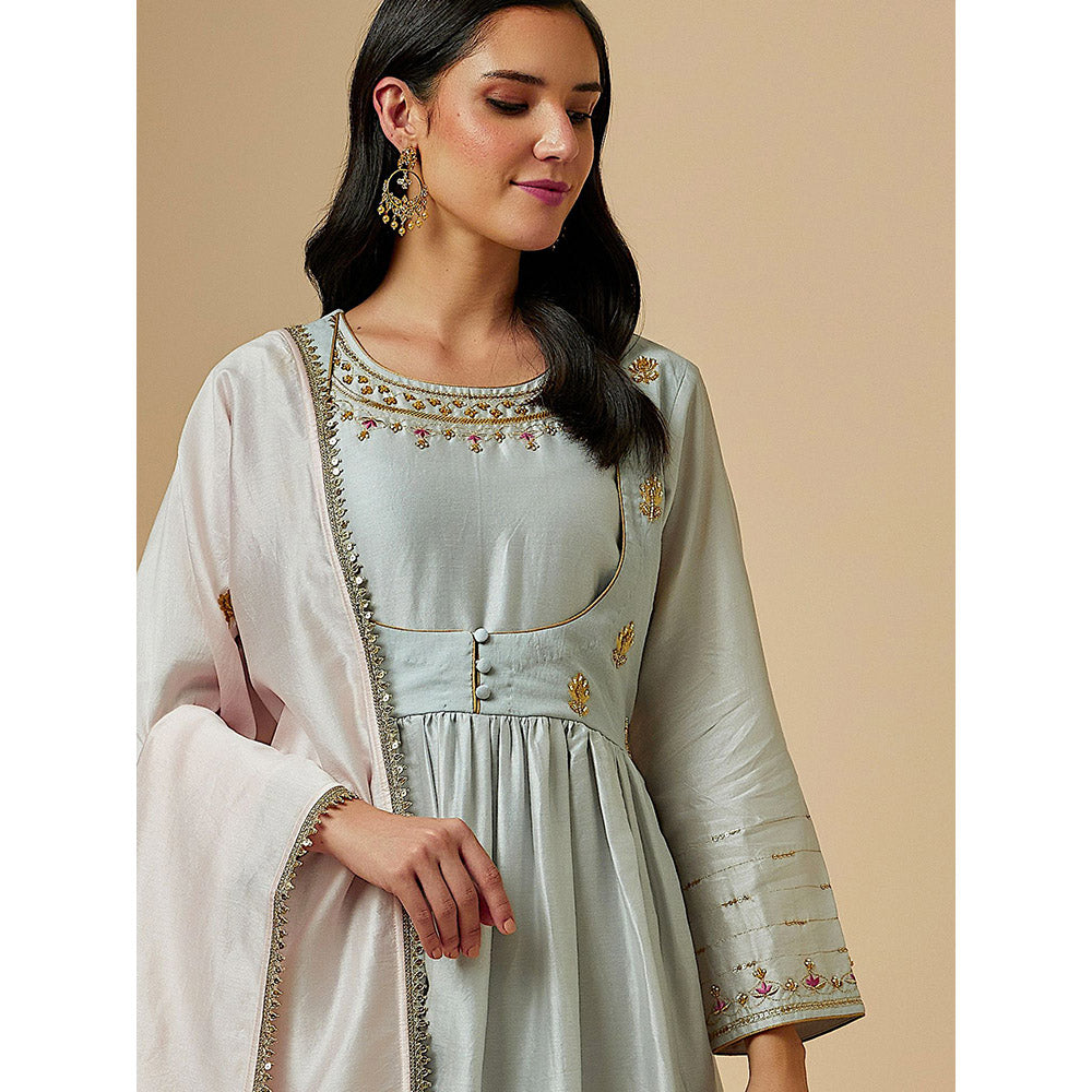 Anantaa by Roohi Trehan Grey Silk Chanderi Hand Embroidered Kurta With Gathers