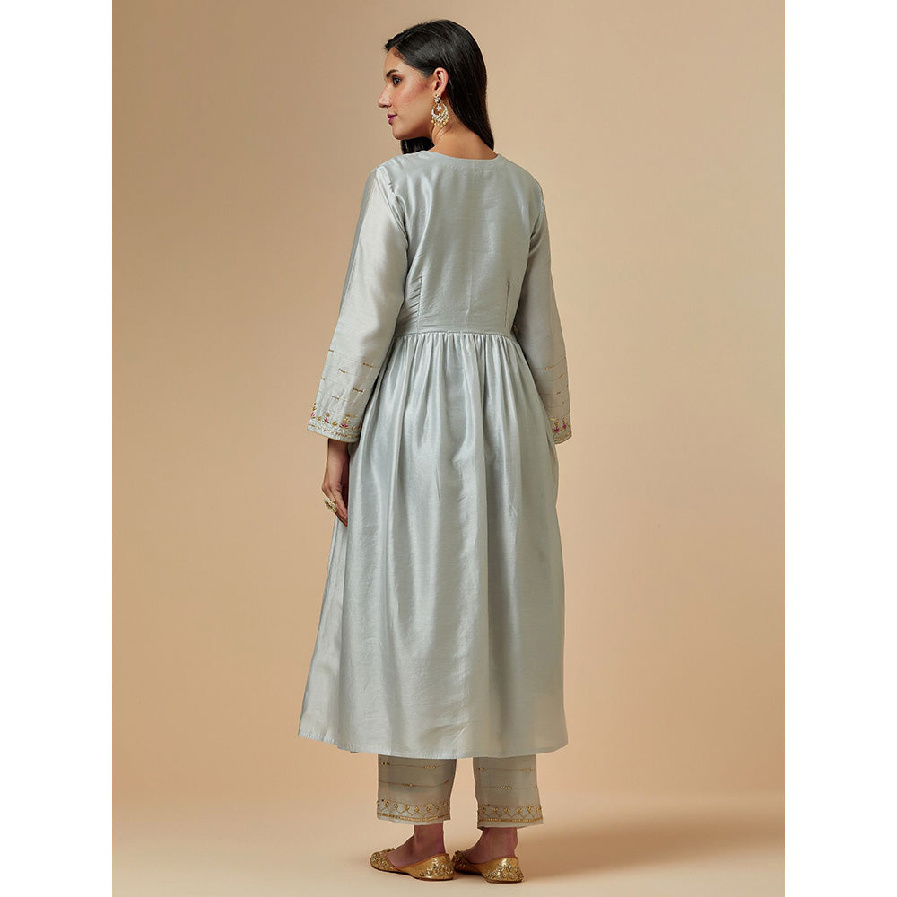 Anantaa by Roohi Trehan Grey Silk Chanderi Hand Embroidered Kurta With Gathers