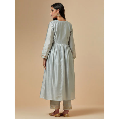 Anantaa by Roohi Trehan Grey Silk Chanderi Hand Embroidered Kurta With Gathers