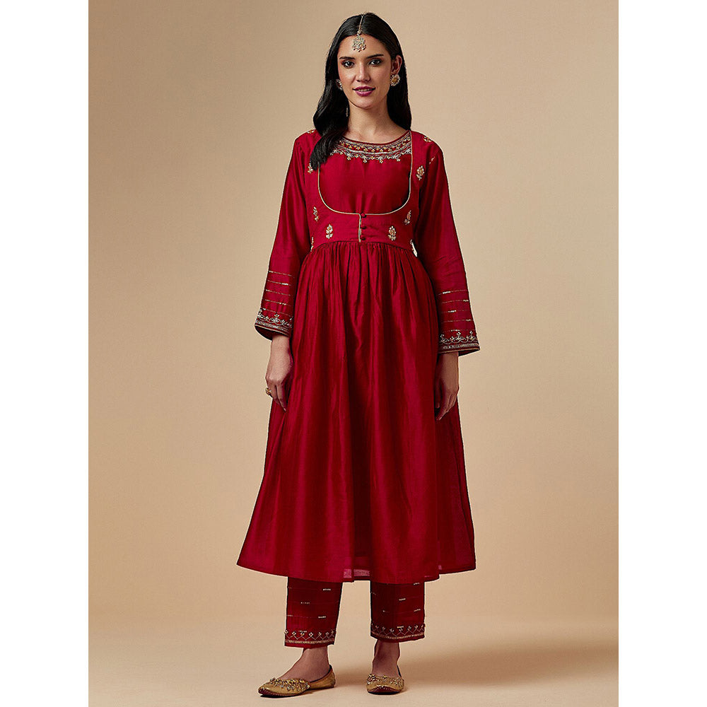 Anantaa by Roohi Trehan Red Silk Chanderi Hand Embroidered Kurta With Gathers