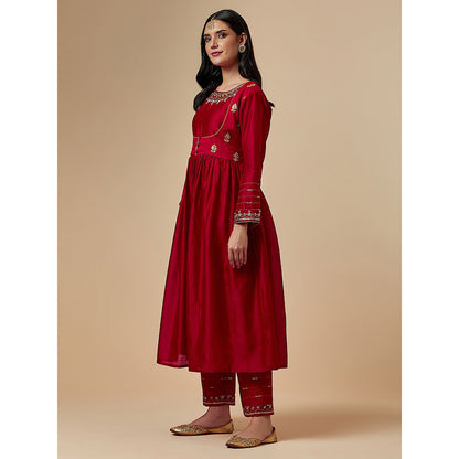 Anantaa by Roohi Trehan Red Silk Chanderi Hand Embroidered Kurta With Gathers