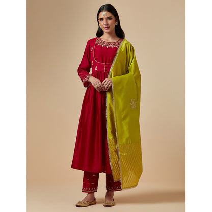 Anantaa by Roohi Trehan Red Silk Chanderi Hand Embroidered Kurta With Gathers