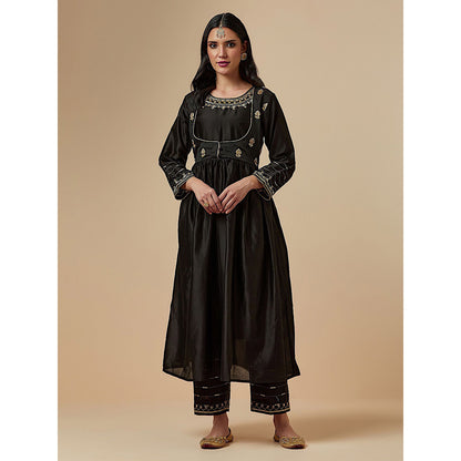 Anantaa by Roohi Trehan Black Silk Chanderi Hand Embroidered Kurta With Gathers