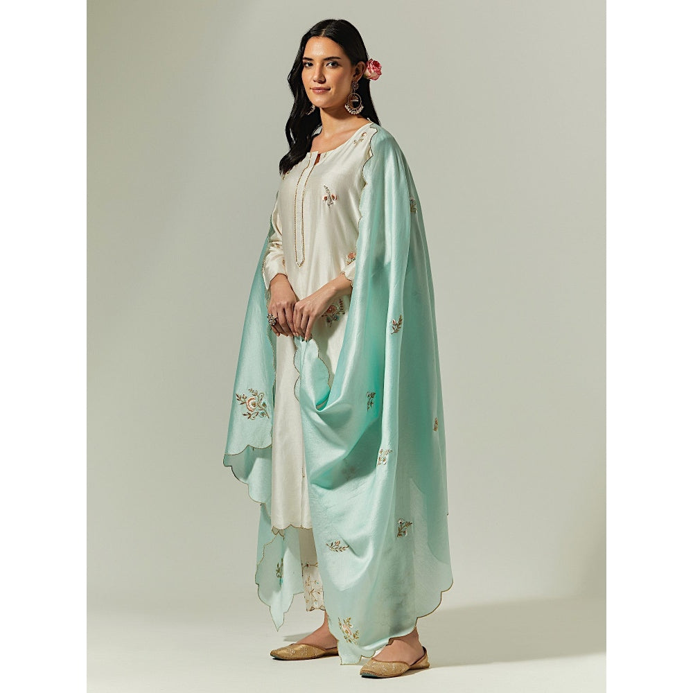 Anantaa by Roohi Trehan Mint Silk Chanderi Hand Embroidered Dupatta