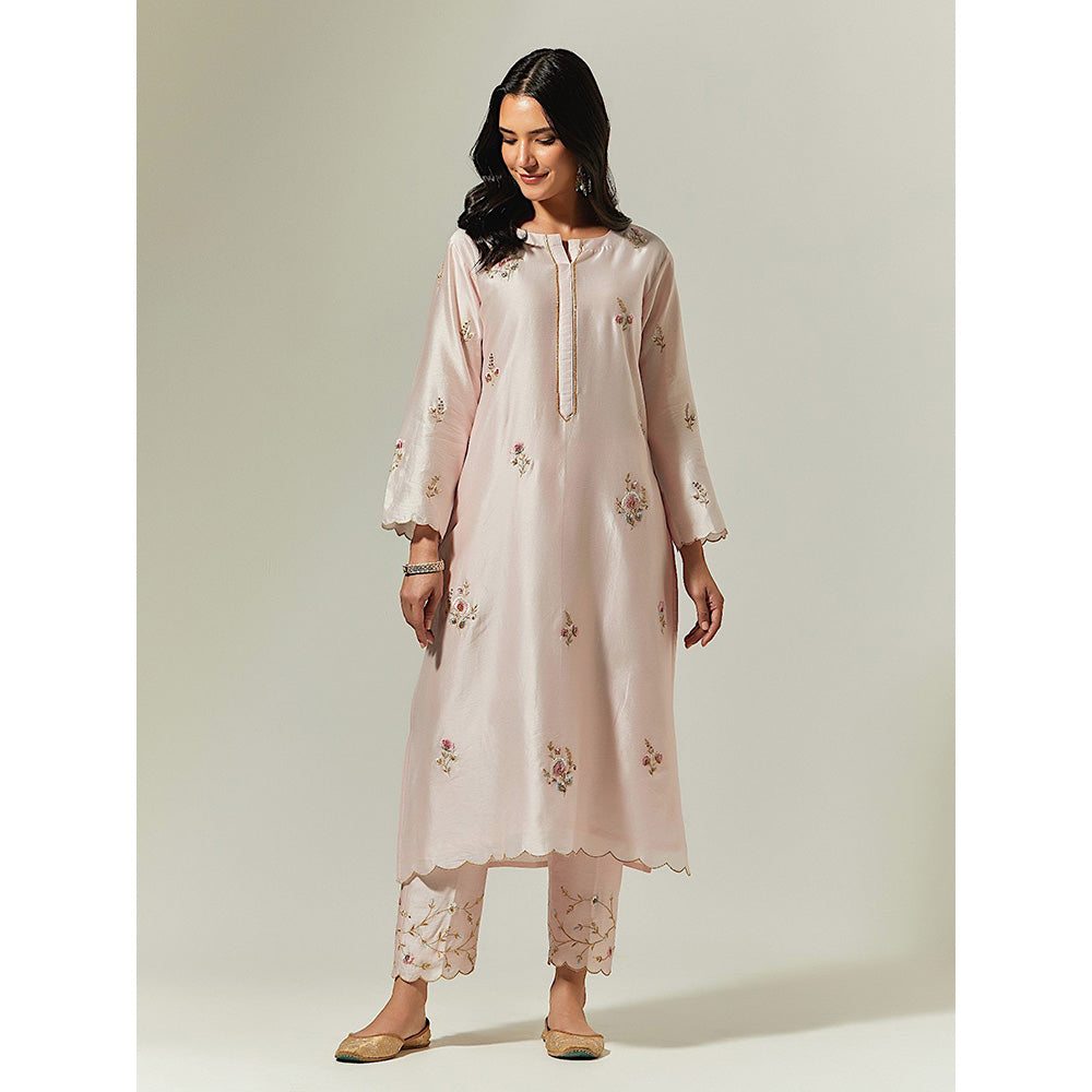 Anantaa by Roohi Trehan Light Pink Silk Chanderi Hand Embroidered Kurta With Plackett