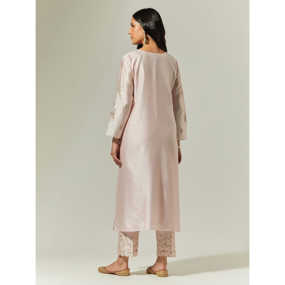 Anantaa by Roohi Trehan Light Pink Silk Chanderi Hand Embroidered Kurta With Plackett