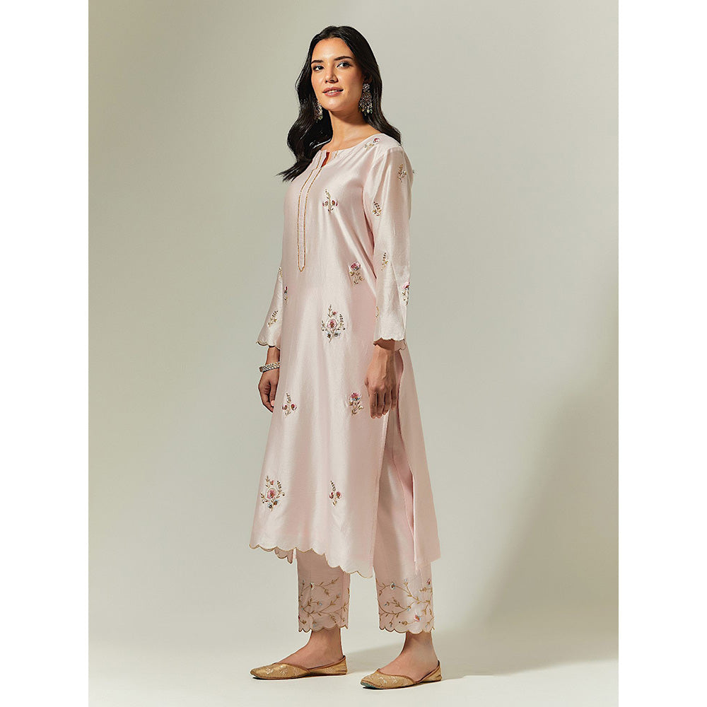 Anantaa by Roohi Trehan Light Pink Silk Chanderi Hand Embroidered Kurta With Plackett