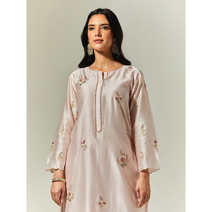 Anantaa by Roohi Trehan Light Pink Silk Chanderi Hand Embroidered Kurta With Plackett