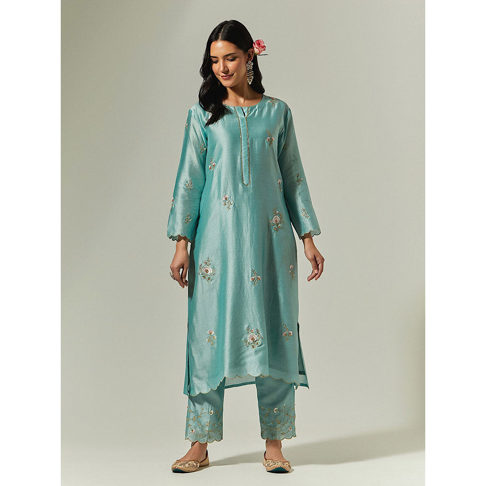 Anantaa by Roohi Trehan Blue Silk Chanderi Hand Embroidered Kurta With Plackett