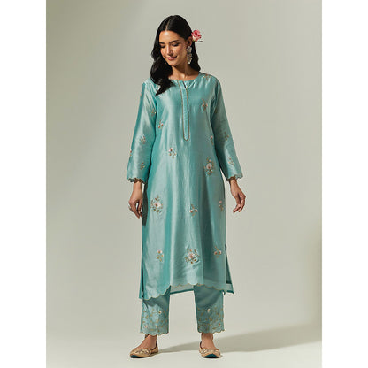 Anantaa by Roohi Trehan Blue Silk Chanderi Hand Embroidered Kurta With Plackett
