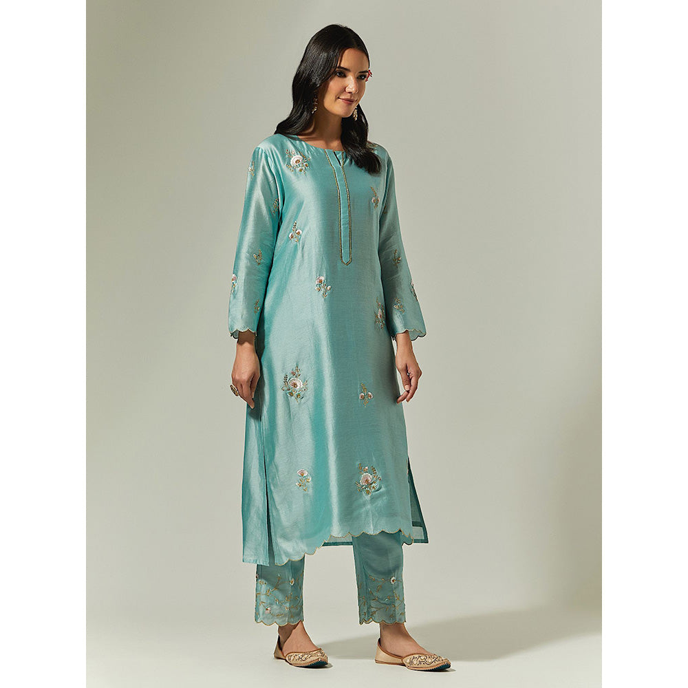 Anantaa by Roohi Trehan Blue Silk Chanderi Hand Embroidered Kurta With Plackett