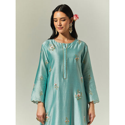 Anantaa by Roohi Trehan Blue Silk Chanderi Hand Embroidered Kurta With Plackett